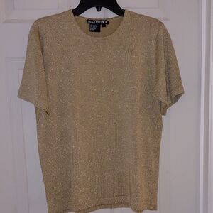 EUC Nina Patrick Metallic Gold Short Sleeve Top, Large, Round Neck, No Snags!